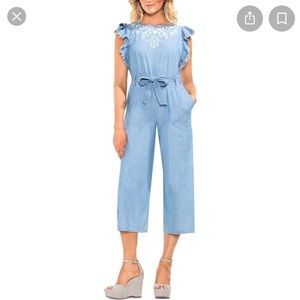 L VINCE CAMUTO CHAMBRAY jumpsuit embroidered raw edge